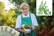 rolniczka, po prawej u góry logo KRUS