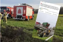 Strażacy przy korycie rzeki i ciągnik rolniczy na dachu, który spadł z mostu