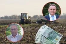 pole, traktor, banknoty, twarze prezesów izby rolniczej