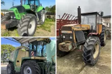 Dwa ciągnik i jeden kombajn na trzech różnych zdjęciach zlepionych w jedno