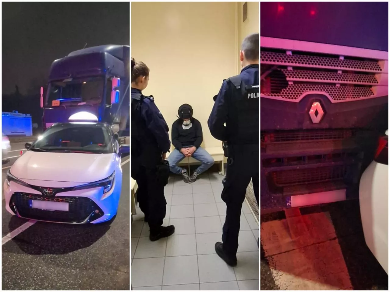 Trzy zdjęcia skradzionej ciężarówki i złodzieja w rękach policji zlepione w jedno