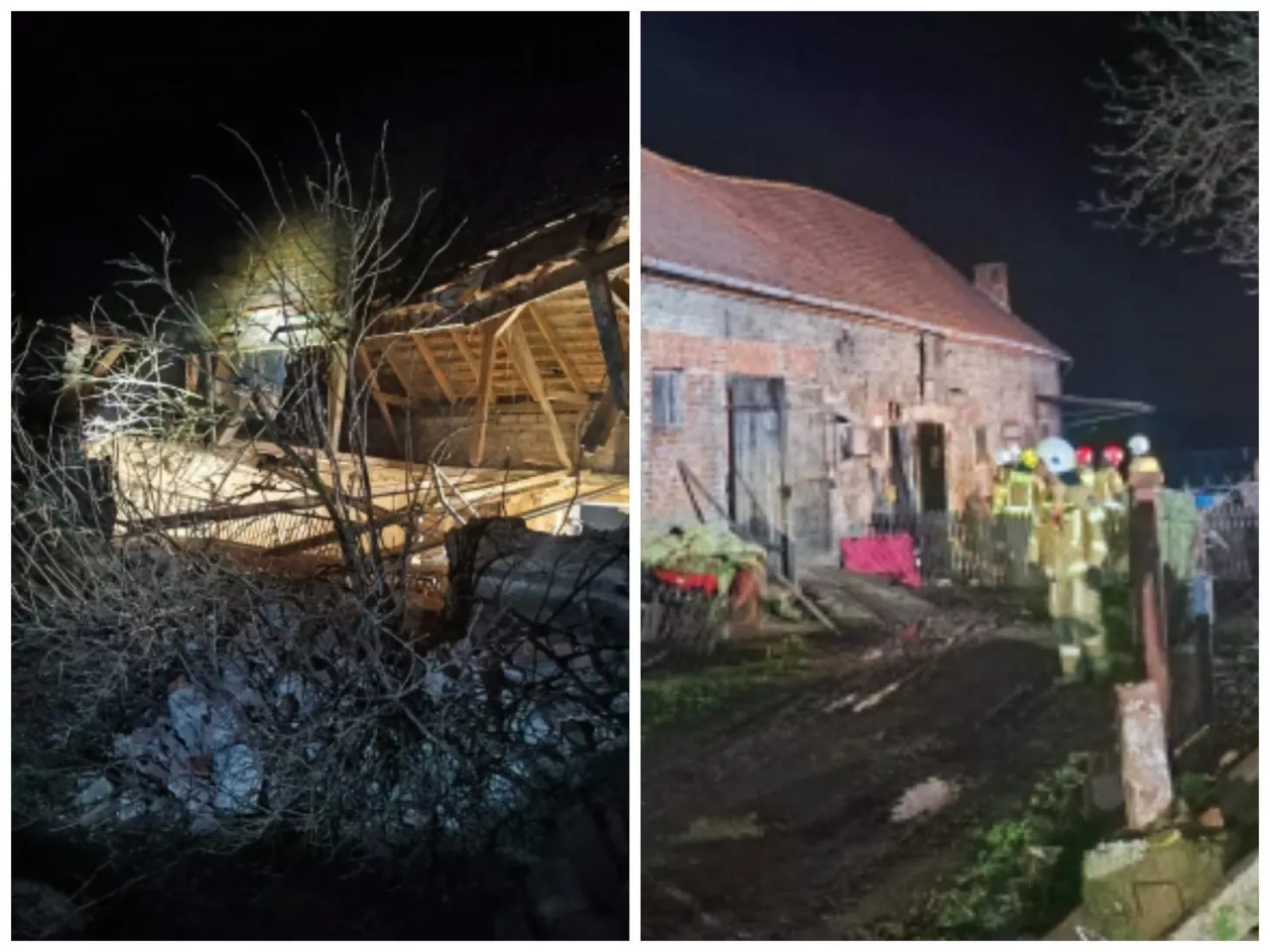 Dwa zdjęcia złączone w jedno pokazujące zawalony budynek chlewni oraz strażaków stojących przed budynkiem