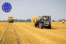 Traktory przewożące bele słomy na polu po żniwach.
