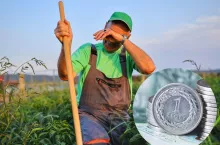 rolnik na polu, na dole u prawej moneta 1 zł i banknoty