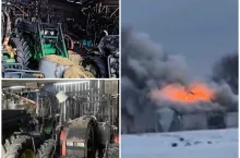 Trzy zdjęcia przestawiające pożar gospodarstwa rolnego i jego skutki zlepione w jedno zdjęcie