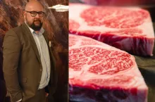 Jacek Zarzecki podczas wydarzenia branżowego. Na pierwszym planie mięso wołowe przeznaczone do obrotu handlowego.