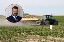 traktor na polu, oprysk, twarz eksperta z IERiGŻ