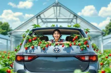 Żartobliwe wyobrażenie uprawy truskawek w szklarniach marki Toyota, kojarzonej powszechniej z produkcją samochodów