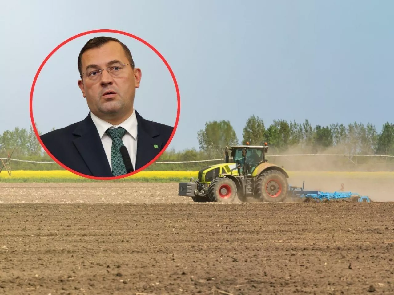 traktor na polu, w kółeczku twarz ministra rolnictwa po lewej stronie na górze