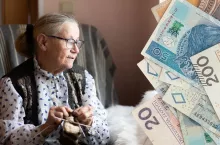 starsza kobieta siedzi w fotelu, po prawej banknoty polskie