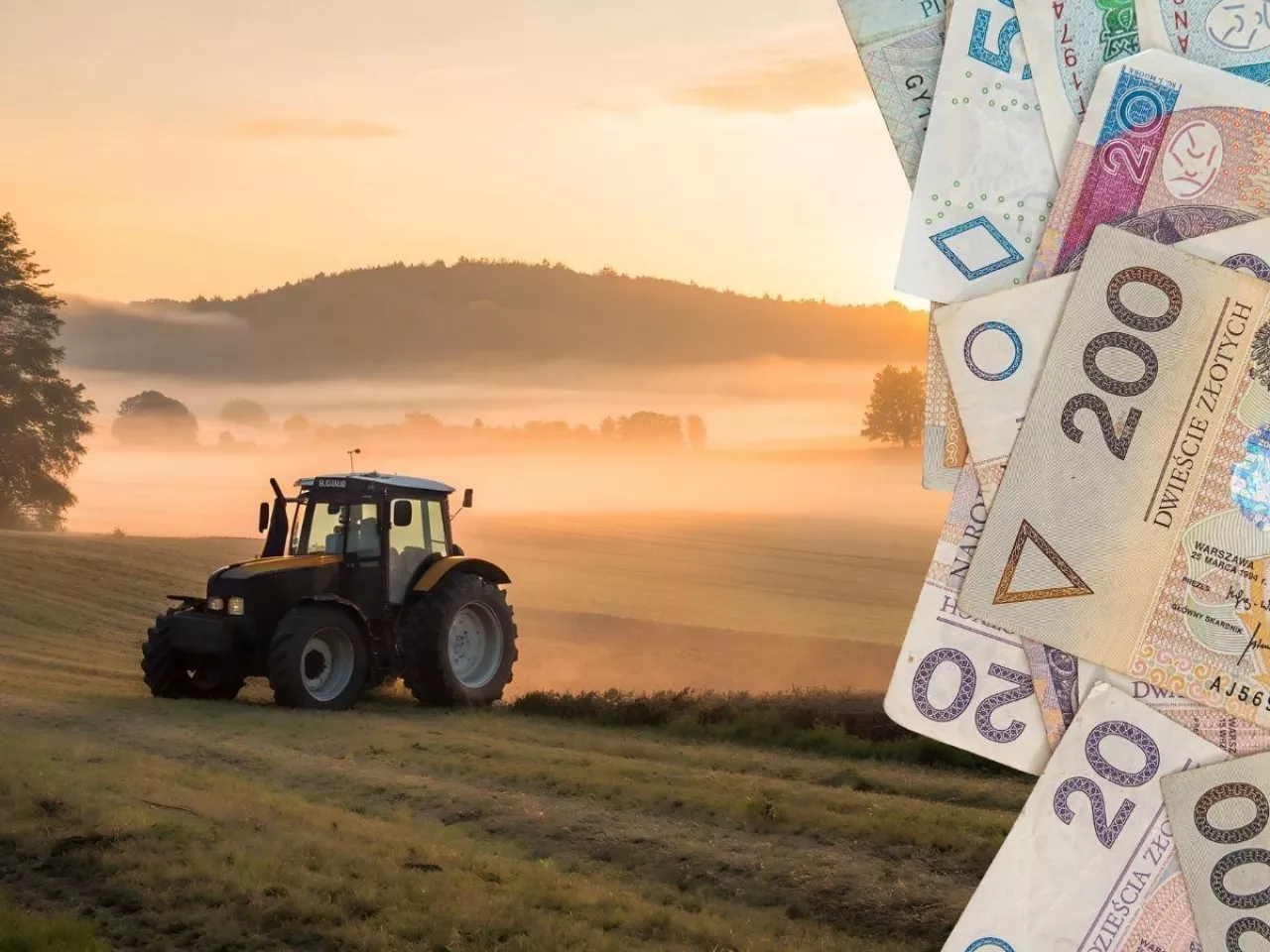 Ciągnik jedzie w polu. Na pierwszym planie polskie banknoty