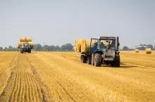 Dwa ciągniki rolnicze transportujące bele słomy na ściernisku po zakończonych żniwach. Widoczne pole z resztkami po zbiorze zbóż, bele cylindryczne oraz zabudowania w tle.