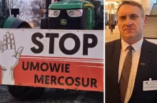 stop Mercosur baner na traktorze podczas protestu, twarz Obszańskiego Tomasza
