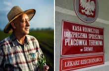 starszy rolnik, tabliczki z napisem KRUS