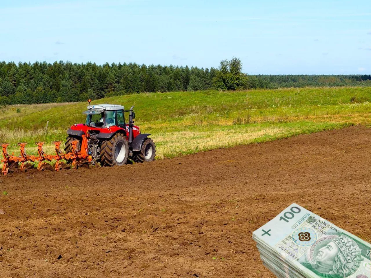 ziemia rolna, traktor, banknoty po lewej u dołu