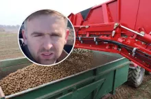 zbiór ziemniaków, twarz rolnika w kółku