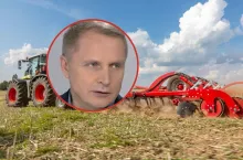 pole, maszyna rolnicza, twarz Henryka Smolarza w kółku, dyrektora generalnego KOWR