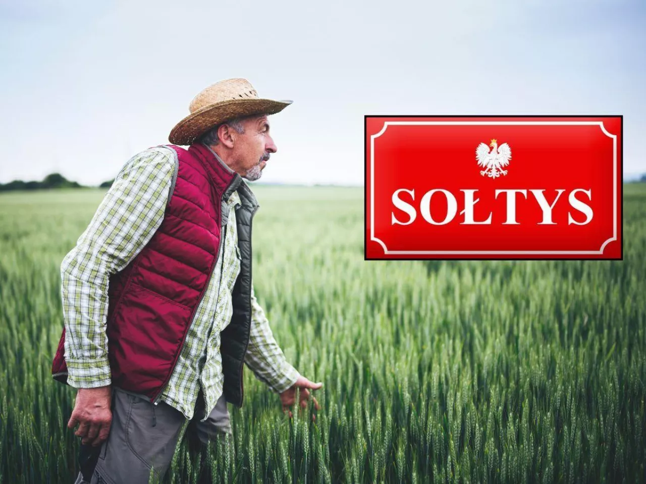 mężczyzna na polu, obok tabliczka z napisem sołtys