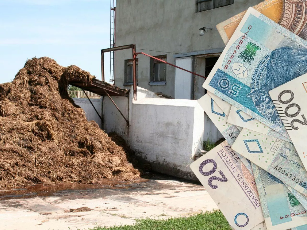 nawóz, płyta obornikowa, banknoty polskie po lewej