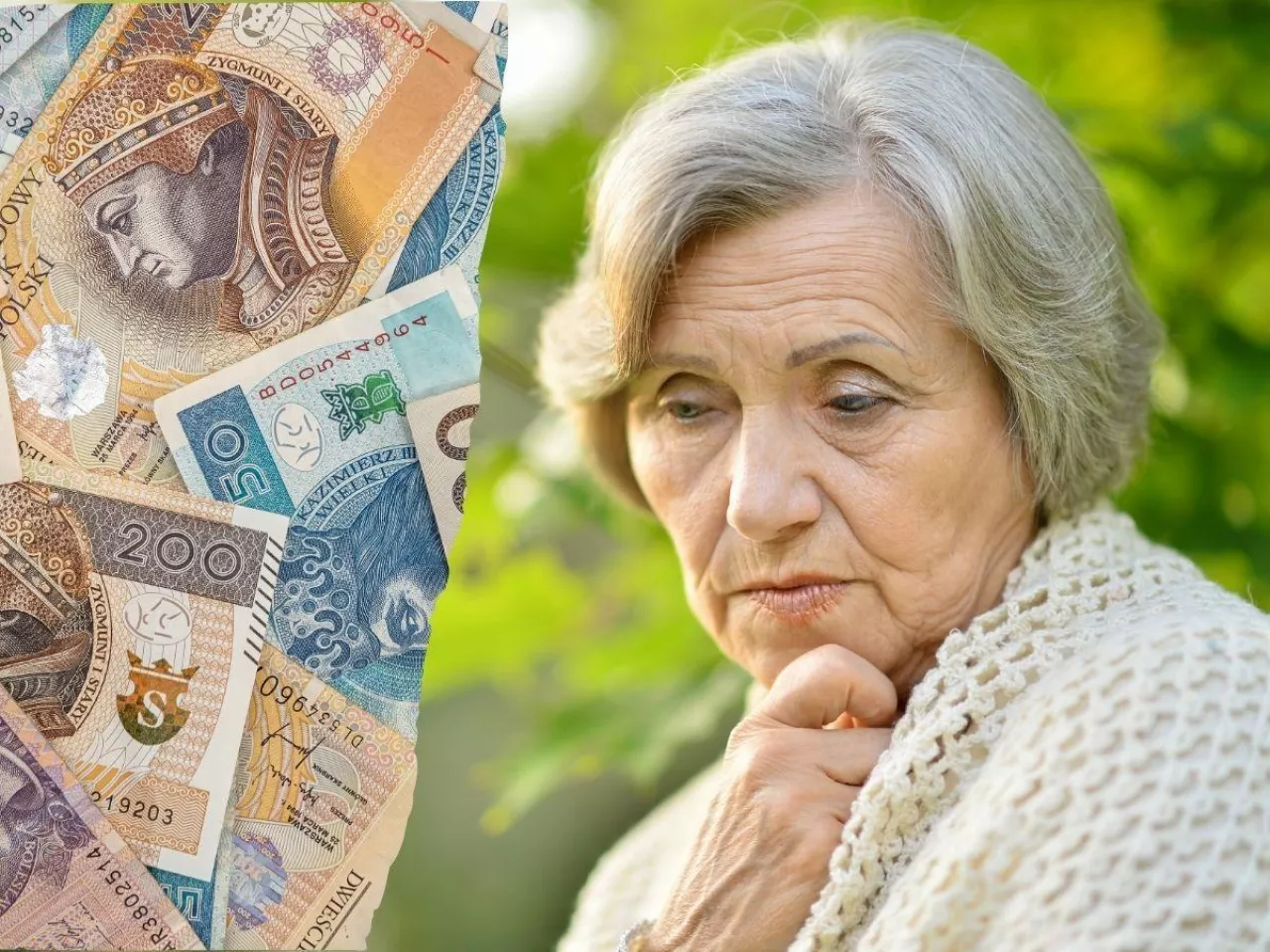 starsza kobieta, pieniądze banknoty polskie po lewej