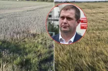 wyschnięte pola, twarz Adriana Wawrzyniaka w kółeczku