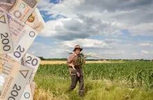rolnik na polu, po lewej banknoty