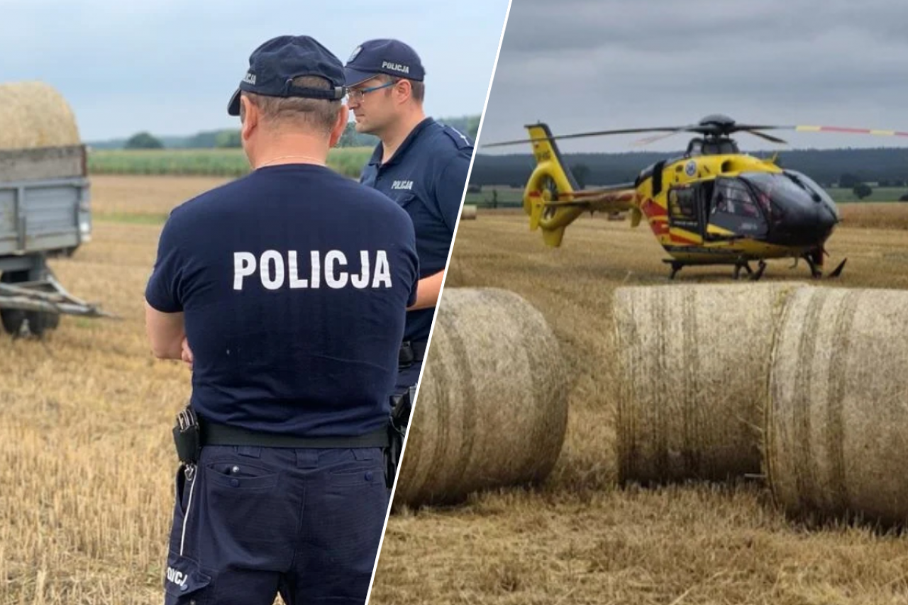 Policjanci na polu i helikopter LPR koło balotów