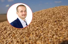 zboże, w kółeczku twarz eksperta Jakub Kowalski, kierownik sekcji skupu zbóż De Heus Polska