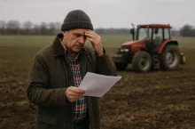 rolnik patrzący w dokument, pole, maszyna rolnicza w oddali