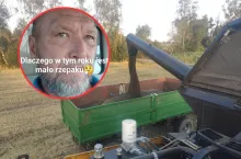 żniwa rzepaku, w kółku twarz rolnika Krzysztofa Piecha