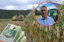 pole, żniwa, banknoty po lewej na dole, w kółku twarz Przemysława Czarnka