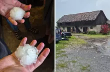 grad w dłoniach, gospodarstwo uszkodzone przez gradobicie, młyn na kamieniu Lubomino