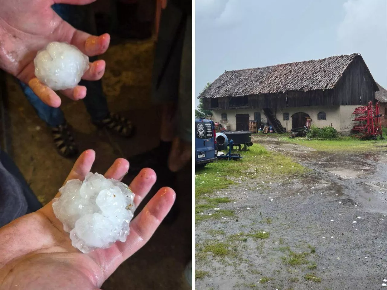 grad w dłoniach, gospodarstwo uszkodzone przez gradobicie, młyn na kamieniu Lubomino