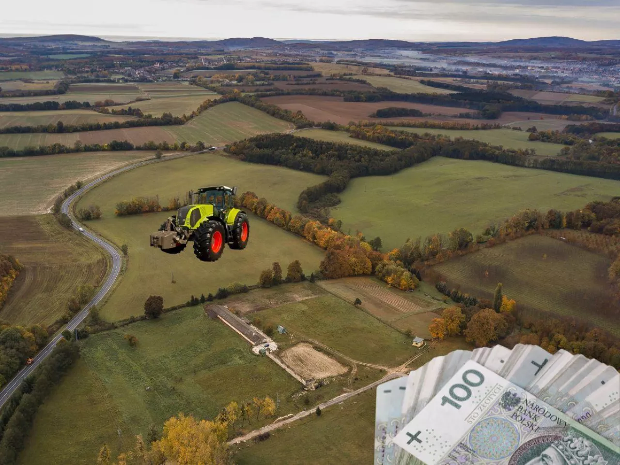 pole z lotu ptaka, banknoty polskie po prawej u dołu