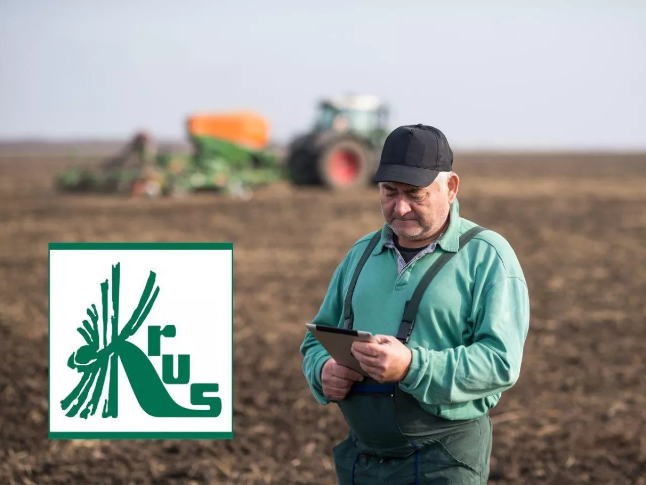 rolnik na polu, po lewej logo KRUS